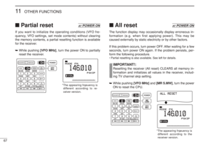 Page 8067
11
OTHER FUNCTIONS
■Partial resetIf you want to initialize the operating conditions (VFO fre-
quency, VFO settings, set mode contents) without clearing
the memory contents, a partial resetting function is available
for the receiver.
➥While pushing [VFO MHz], turn the power ON to partially
reset the receiver.
■All resetThe function display may occasionally display erroneous in-
formation (e.g. when first applying power). This may be
caused externally by static electricity or by other factors.
If this...