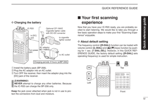 Page 9IV
QUICK REFERENCE GUIDE
DCharging the battery
qInstall the battery pack (BP-206).
wPlug the AC adaptor into an AC outlet.
eTurn OFF the receiver, then insert the adaptor plug into the
[DC] jack of the receiver.
R R
WARNING!:
NEVERattempt to charge any other batteries. Because
the IC-R20 can charge the BP-206 only.
Keepthe jack cover attached when jack is not in use to pro-
tect the connectors from dust and moisture.
■Your ﬁrst scanning
experienceNow that you have your IC-R20 ready, you are probably ex-...