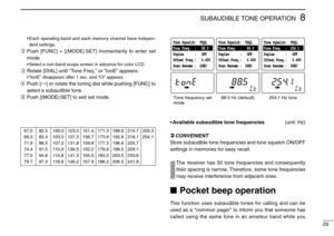 Page 33•Each operating band and each memory channel have indepen-
dent settings.
wPush [FUNC] + [(MODE) SET] momentarily to enter set
mode.
•Select a non-band scope screen in advance for color LCD.
eRotate [DIAL] until “Tone Freq.” or “tonE” appears.
•“tonE” disappears after 1 sec. and “Ct” appears.
rPush [↔] or rotate the tuning dial while pushing [FUNC] to
select a subaudible tone.
tPush [(MODE) SET] to exit set mode.
•Available subaudible tone frequencies (unit: Hz)
