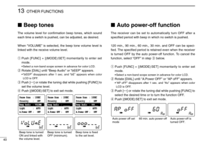 Page 4440
13OTHER FUNCTIONS
Beep tones
The volume level for conﬁrmation beep tones, which sound
each time a switch is pushed, can be adjusted, as desired.
When “VOLUME” is selected, the beep tone volume level is
linked with the receive volume level.
qPush [FUNC] + [(MODE) SET] momentarily to enter set
mode.
•Select a non-band scope screen in advance for color LCD.
wRotate [DIAL] until “Beep Audio” or “bEEP” appears.
•“bEEP” disappears after 1 sec. and “bE” appears when color
LCD is OFF.
ePush [↔] or rotate the...