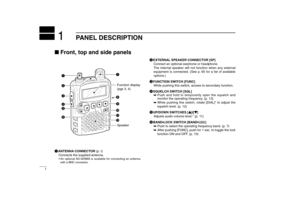 Page 12Front, top and side panelsqANTENNA CONNECTOR (p. I)
Connects the supplied antenna.
•An optional AD-92SMA is available for connecting an antenna
with a BNC connector.
wEXTERNAL SPEAKER CONNECTOR [SP]
Connect an optional earphone or headphone.
The internal speaker will not function when any external
equipment is connected. (See p. 65 for a list of available
options.)
eFUNCTION SWITCH [FUNC]
While pushing this switch, access to secondary function.
rSQUELCH SWITCH [SQL] 
➥Push and hold to temporarily open...