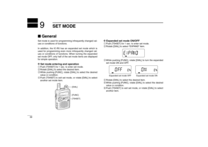 Page 5039
SET MODE
New2001
9GeneralSet mode is used for programming infrequently changed val-
ues or conditions of functions.
In addition, the IC-R5 has an expanded set mode which is
used for programming even more infrequently changed val-
ues or conditions of functions. When turning the expanded
set mode OFF, only half of the set mode items are displayed
for simple operation.D D
Set mode entering and operationqPush [TS•SET] for 1 sec. to enter set mode.
wRotate [DIAL] to select the desired item.
eWhile...
