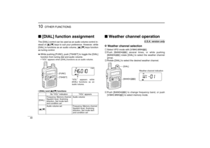 Page 6049
10
OTHER FUNCTIONS
New2001
[DIAL] function assignmentThe [DIAL] control can be used as an audio volume control in-
stead of [Y]/[Z] keys to suit your preference. However, while
[DIAL] is functions as an audio volume, [Y]/[Z] keys function
as tuning control.➥While pushing [FUNC], push [TS•SET] to toggle the [DIAL]
function from tuning dial and audio volume.•“VOL” appears when [DIAL] functions as an audio volume.
•[DIAL] and [Y Y
]/[Z Z
] functions
Weather channel operationD
D
Weather channel...