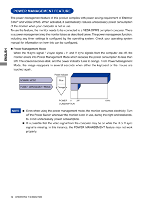 Page 24ENGLISH
Even when using the power management mode, the monitor consumes electricity. Turn
off the Power Switch whenever the monitor is not in use, during the night and weekends,
to avoid unnecessary power consumption.NOTE„
It is possible that the video signal from the computer may be on while the H or V sync
signal is missing. In this instance, the POWER MANAGEMENT feature may not work
properly. „
POWER MANAGEMENT FEATURE
Power Management Mode
When the H-sync signal / V-sync signal / H and V sync signals...