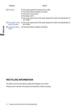 Page 26ENGLISH
21     TROUBLE SHOOTING / RECYCLING INFORMATION
No sound.
