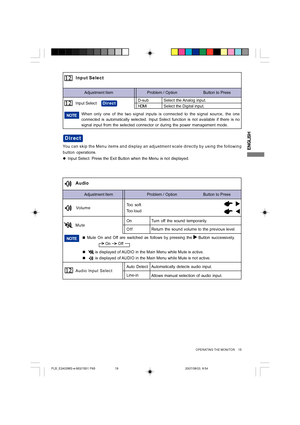 Page 19ENGLISH
Adjustment Item Problem / Option                       Button to Press
Audio
VolumeToo soft
Too loud
Mute
Return the sound volume to the previous level. Turn off the sound temporarily.Off On
Mute On and Off are switched as follows by pressing the    Button successively.
On      OffNOTE„
„       is displayed of AUDIO in the Main Menu while
 Mute is active.
„       is displayed of AUDIO in the Main Menu while
 Mute is not active.
You can skip the Menu items and display an adjustment scale directly...