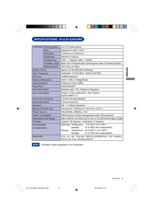 Page 27ENGLISH
APPENDIX     23
SPECIFICATIONS : ProLite E2403WS
LCD Panel
Size Driving system
a-Si TFT Active Matrix
Diagonal: 61.2cm  / 24.0
0.270mm H × 0.270mm V
Response time Pixel pitch
2ms (Gray to Gray)
Display Colors Approx.16.7M (6bit+2bit dithering)
Sync FrequencyHorizontal: 31.0-83.0kHz, Vertical: 56-75Hz
Dot Clock162MHz maximum
Maximum Resolution1920 × 1200, 2.3 MegaPixels
Input Connector
D-Sub mini 15 pin, HDMI
Input Sync Signal
Separate sync: TTL, Positive or Negative Plug & PlayVESA DDC2B
TM
65W...