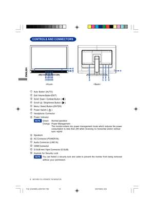 Page 10
ENGLISH
  FRONT PANEL CONTROL
AAuto Button (AUTO)
B Exit / Volume Button (EXIT)
C Scroll  Down / Contrast  Button (     )
D Scroll Up / Brightness Button (     )
E Menu / Select Button (ENTER)
F Power Switch (     )
G Headphone Connector
H Power Indicator
Green:Normal operation
Orange: Power Management
The monitor enters into power management mode which reduces the power
consumption to less than 2W when receiving no horizontal and/or vertical\
sync signal.
I Speakers
J AC Connector (POWER IN)
K Audio...