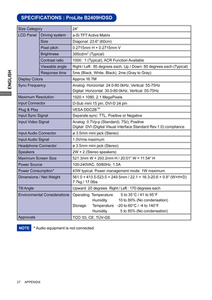 Page 32ENGLISH
27     APPENDIX
SPECIFICATIONS : ProLite B2409HDSD
* Audio equipment is not connected. NOTE
LCD Panel  Driving system
a-Si TFT Active Matrix
0.2715mm H × 0.2715mm V
Response time Pixel pitch
5ms (Black, White, Black), 2ms (Gray to Gray)
Display ColorsApprox.16.7M
Sync FrequencyAnalog: Horizontal: 24.0-80.0kHz, Vertical: 55-75Hz 
Digital: Horizontal: 30.0-80.0kHz, Vertical: 55-75Hz 
Maximum Resolution
1920 × 1080, 2.1 MegaPixels
Input Connector
D-Sub mini 15 pin, DVI-D 24 pin
Input Sync Signal...