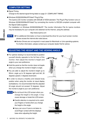 Page 12ENGLISH
7     BEFORE YOU OPERATE THE MONITOR
ADJUSTING THE HEIGHT AND THE VIEWING ANGLE
