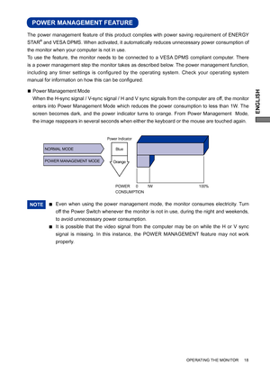 Page 23ENGLISH
Even when using the power management mode, the monitor consumes electricity. Turn 
off the Power Switch whenever the monitor is not in use, during the night and weekends, 
to avoid unnecessary power consumption.NOTE