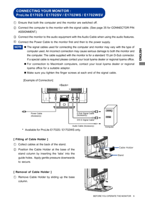 Page 13ENGLISH
Audio Cable (Accessory)
Computer D-Sub Signal Cable
(Accessory)
DVI-D Signal Cable* Power Cable
(Accessory)
[Example of Connection] AEnsure that both the computer and the monitor are switched off.
BConnect the computer to the monitor with the signal cable. (See page 35 for CONNECTOR PIN
ASSIGNMENT.)
CConnect the monitor to the audio equipment with the Audio Cable when using the audio features.
DConnect the Power Cable to the monitor first and then to the power supply.
NOTE