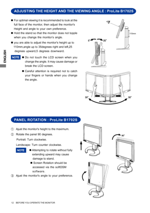 Page 16ENGLISH
ADJUSTING THE HEIGHT AND THE VIEWING ANGLE : ProLite B1702S
