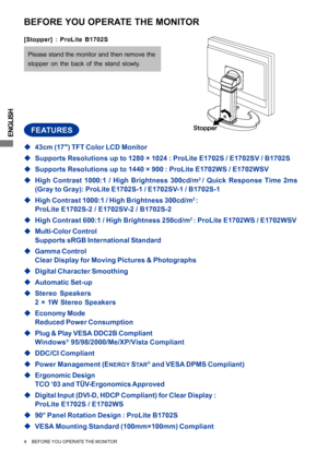 Page 8ENGLISH
BEFORE YOU OPERATE THE MONITOR
FEATURES
