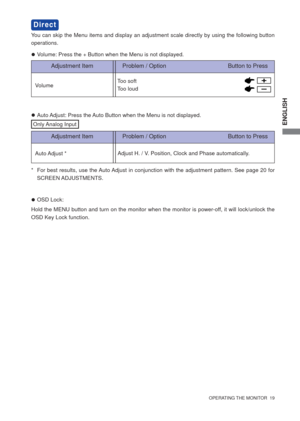 Page 24ENGLISH
  OPERATING THE MONITOR  19  
Adjustment Item Problem / Option                                      Button to Press
VolumeToo soft
Too loud
Adjustment Item Problem / Option                                      Button to Press
Auto Adjust  * You can skip the Menu items and display an adjustment scale directly by using the following button 
operations.
Direct
Adjust H. / V. Position, Clock and Phase automatically.
*   For best results, use the Auto Adjust in conjunction with the adjustment pattern....