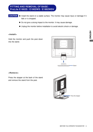 Page 11ENGLISH
FITTING AND REMOVAL OF BASE :
ProLite E1902S / E1902WS / E1902WSV
Install the stand on a stable surface. The monitor may cause injury or damage if it
falls or is dropped. 