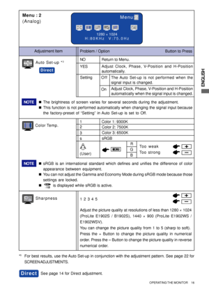 Page 21ENGLISH
1280 × 1024
H:80KHz  V:75.0Hz
Menu:2Menu : 2
(Analog)
On
Problem / Option                                                  Button to Press Adjustment Item
Color Temp.
Color 1: 9300K
Sharpness1 2 3 4 5
Adjust the picture quality at resolutions of less than 1280 × 1024
(ProLite E1902S / B1902S), 1440 × 900 (ProLite E1902WS /
E1902WSV).
You can change the picture quality from 1 to 5 (sharp to soft).
Press the + Button to change the picture quality in numerical
order. Press the – Button to change the...