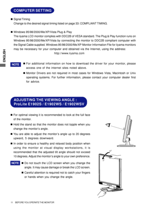 Page 16ENGLISH
ADJUSTING THE VIEWING ANGLE :
ProLite E1902S / E1902WS / E1902WSV
