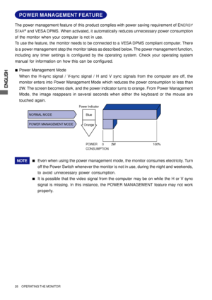 Page 30ENGLISH
0  2W 100% POWER
CONSUMPTION
Blue
Orange
Power Indicator
NORMAL MODE
POWER MANAGEMENT MODE
Even when using the power management mode, the monitor consumes electricity. Turn
off the Power Switch whenever the monitor is not in use, during the night and weekends,
to avoid unnecessary power consumption.NOTE
