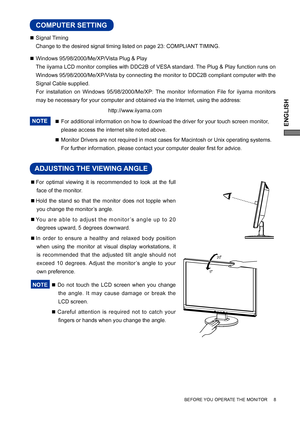 Page 11ENGLISH
BEFORE YOU OPERATE THE MONITOR     8
