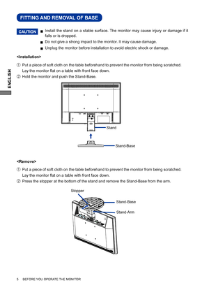 Page 8ENGLISH
5     BEFORE YOU OPERATE THE MONITOR
Install the stand on a stable surface. The monitor may cause injury or damage if it 
falls or is dropped. 