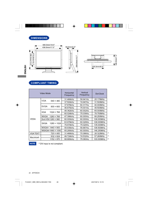 Page 28ENGLISH
24     APPENDIX
273.0mm/10.7
399.0mm/15.7
436.0mm/17.258.0mm/2.3
226.0mm/8.9188.0mm/7.4
338.0mm/13.3
480.0mm/18.9
DIMENSIONS
COMPLIANT TIMING
DIMENSIONS
1152 × 870832 × 624
59.941Hz
74.997Hz
60.317Hz
75.001Hz
60.002Hz
75.039Hz
60.000Hz
60.000Hz
60.029Hz
75.024Hz
59.887Hz
60.000Hz
70.086Hz
74.532Hz
75.060Hz
VGA TEXT
VESA
MacintoshSVGAVGA
XGA 1024 × 768640 × 480
800 × 60031.468kHz
37.500kHz
37.878kHz
46.875kHz
48.362kHz
60.024kHz
47.396kHz
60.000kHz
63.979kHz
79.974kHz
55.935kHz
65.290kHz...