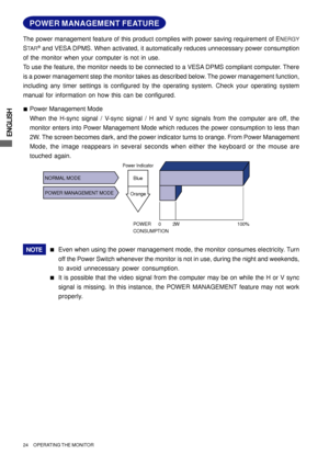 Page 28ENGLISH
0  2W 100% POWER
CONSUMPTION
Blue
Orange
Power Indicator
NORMAL MODE
POWER MANAGEMENT MODE
Even when using the power management mode, the monitor consumes electricity. Turn
off the Power Switch whenever the monitor is not in use, during the night and weekends,
to avoid unnecessary power consumption.NOTE
„
It is possible that the video signal from the computer may be on while the H or V sync
signal is missing. In this instance, the POWER MANAGEMENT feature may not work
properly. „
POWER MANAGEMENT...