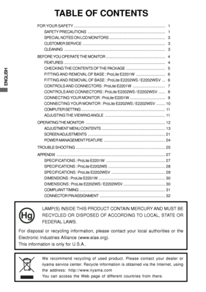 Page 4ENGLISH
TABLE OF CONTENTS
FOR YOUR SAFETY..................................................................................... 1
SAFETY PRECAUTIONS........................................................................ 1
SPECIAL NOTES ON LCD MONITORS.................................................... 3
CUSTOMER SERVICE............................................................................. 3
CLEANING .............................................................................................. 3...