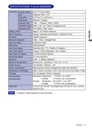 Page 33ENGLISH
SPECIFICATIONS: ProLite E2202WSV
LCD Panel
Size Driving systema-Si TFT Active Matrix
Diagonal: 55cm  / 22
0.277mm H × 0.277mm V
Response time Pixel pitch
5ms (Black, white, black)
Display Colors
Approx. 16.7 million maximum
Sync Frequency
Dot Clock162MHz maximum
Maximum Resolution
1680 × 1050, 1.8 MegaPixels
Input Connector
Input Sync Signal Plug & PlayVESA DDC2B
TM
56W maximum, Power management mode: 2W maximum* Power Consumption
Dimensions / Net Weight506.0 × 404.0 × 210.0mm / 19.9 × 15.9 × 8.3...