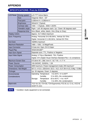 Page 31ENGLISH
APPENDIX
SPECIFICATIONS: ProLite E2201W
LCD Panel
Size Driving systema-Si TFT Active Matrix
Diagonal: 56cm  / 22
0.282mm H × 0.282mm V
Response time Pixel pitch
5ms (Black, white, black), 2ms (Gray to Gray)
Display Colors
Approx. 16.7 million maximum
Sync Frequency
Dot Clock162MHz maximum
Maximum Resolution
1680 × 1050, 1.8 MegaPixels
Input Connector
Input Sync Signal Plug & PlayVESA DDC2B
TM
49W maximum, Power management mode: 2W maximum* Power Consumption
Dimensions / Net Weight507.0 × 410.5 ×...