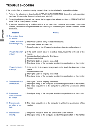 Page 22ENGLISH
18      TROUBLE SHOOTING            
TROUBLE SHOOTING
Perform  the  adjustments  described  in  OPERATING  THE  MONITOR,  depending  on  the  problem 
you have. If the monitor does not get a picture, skip to 2.
2. Consult	 the	following	 items	if	you	 cannot	 find	an	appropriate	 adjustment	item	in	OPERATING	 THE	
MONITOR or if the problem persists.
If  you  are  experiencing  a  problem  which  is  not  described  below  or  you  cannot  correct  the 
problem, discontinue using the monitor and...