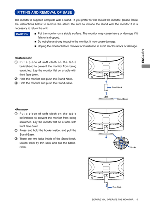 Page 9ENGLISH
BEFORE YOU OPERATE THE MONITOR     5
Put the monitor on a stable surface. The monitor may cause injury or damage if it 
falls or is dropped. 