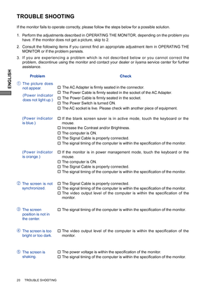 Page 24ENGLISH
20     TROUBLE SHOOTING
TROUBLE SHOOTING
Perform the adjustments described in OPERATING THE MONITOR, depending on the problem you 
have. If the monitor does not get a picture, skip to 2.
2. Consult the following items if you cannot ﬁ nd an appropriate adjustment item in OPERATING THE 
MONITOR or if the problem persists.
If you are experiencing a problem which is not described below or you cannot correct the 
problem, discontinue using the monitor and contact your dealer or iiyama service center...