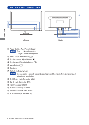 Page 12ENGLISH
6  BEFORE YOU OPERATE THE MONITOR
CONTROLS AND CONNECTORS
  Power Switch (     ) / Power Indicator 
    Blue:  Normal operation
    Orange: Power Management
  Select / Input select Button (  )
  Scroll up / Audio Adjust Button (  )
   Scroll down / i-Style Color Button (

   Menu Button (  )      
  Speakers 
   Keyhole for Security Lock 
      You can fasten a security lock and cable to prevent the monitor from being removed  
  without your permission.
   D-SUB mini 15pin Connector (VGA)...