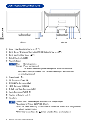 Page 10
ENGLISH

  FRONT PANEL CONTROL
  Menu / Input Select shortcut keys (     )*1      
   Scroll  Down / Brightness/Contrast/ACR/ECO Mode shortcut keys(
) 

 
Scroll Up / OptiColor Mode (
)*4

 
Select /  Input select (     )

 
Power Indicator 
 
 
Blue:
 
Normal operation
   
Orange:
 
Power Management
     
The monitor enters into power management mode which reduces                                            
                          the power consumption to less than 1W when rec\
eiving no...