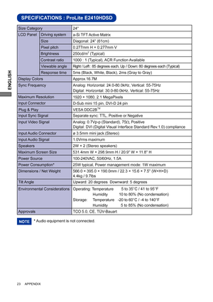 Page 28ENGLISH
23     APPENDIX
SPECIFICATIONS : ProLite E2410HDSD
LCD Panel  Driving system
a-Si TFT Active Matrix
0.277mm H × 0.277mm V
Response time Pixel pitch
5ms (Black, White, Black), 2ms (Gray to Gray)
Display ColorsApprox.16.7M
Sync FrequencyAnalog: Horizontal: 24.0-80.0kHz, Vertical: 55-75Hz 
Digital: Horizontal: 30.0-80.0kHz, Vertical: 55-75Hz 
Maximum Resolution
1920 × 1080, 2.1 MegaPixels
Input Connector
D-Sub mini 15 pin, DVI-D 24 pin
Input Sync Signal Separate sync: TTL, Positive or NegativePlug &...