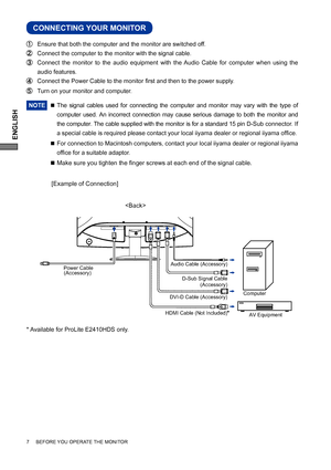 Page 12ENGLISH
7     BEFORE YOU OPERATE THE MONITOR
CONNECTING YOUR MONITOR 
 Ensure that both the computer and the monitor are switched off.
 Connect the computer to the monitor with the signal cable.
 Connect the monitor to the audio equipment with the Audio Cable for computer when using the 
audio features.
 Connect the Power Cable to the monitor ﬁ rst and then to the power supply.
  Turn on your monitor and computer.
NOTE 
