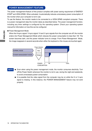 Page 24ENGLISH
Even when using the power management mode, the monitor consumes electricity. Turn 
off the Power Switch whenever the monitor is not in use, during the night and weekends, 
to avoid unnecessary power consumption.NOTE