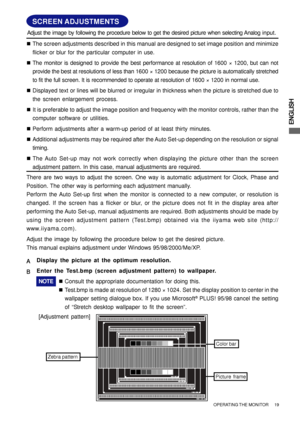 Page 25ENGLISH
OPERATING THE MONITOR      19
SCREEN ADJUSTMENTS
