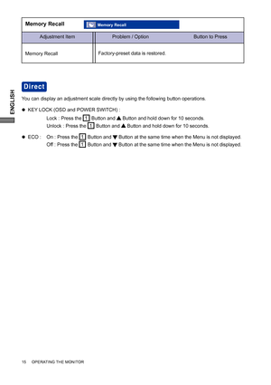 Page 20ENGLISH
Direct
You can display an adjustment scale directly by using the following button operations.
z  KEY LOCK (OSD and POWER SWITCH) :            
      Lock : Press the 
1
Button and  Button and hold down for 10 seconds.
      Unlock : Press the 
1
Button and  Button and hold down for 10 seconds.
z  ECO :   On : Press the 
1
Button and  Button at the same time when the Menu is not displayed.
      Off : Press the 
1
Button and  Button at the same time when the Menu is not displayed.
15     OPERATING...