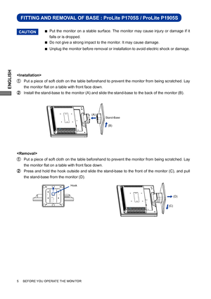 Page 10ENGLISH
5     BEFORE YOU OPERATE THE MONITOR     
Put the monitor on a stable surface. The monitor may cause injury or damage if it 
falls or is dropped. 