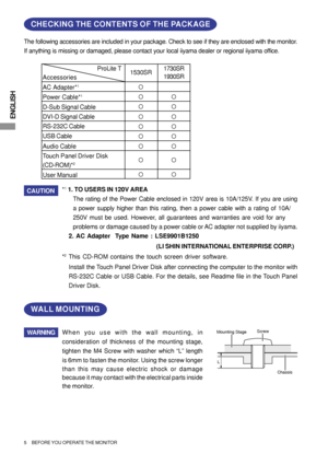 Page 8ENGLISH
The following accessories are included in your package. Check to see if they are enclosed with the monitor.
If anything is missing or damaged, please contact your local iiyama dealer or regional iiyama office.
CHECKING THE CONTENTS OF THE PACKAGE
5     BEFORE YOU OPERATE THE MONITOR
CAUTION*1 1. TO USERS IN 120V AREA
The rating of the Power Cable enclosed in 120V area is 10A/125V. If you are using
a power supply higher than this 
rating, then a power cable with a rating of 10A/
250V must be used....