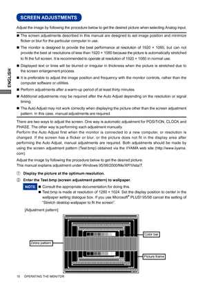 Page 18ENGLISH
15     OPERATING THE MONITOR     
SCREEN ADJUSTMENTS
