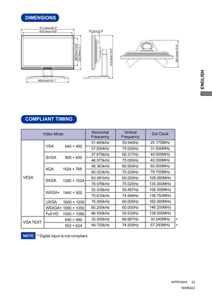 Page 25ENGLISH
M056A02  APPENDIX     22
DIMENSIONS
478.0mm/18.8513.0mm/20.2
409.0mm/16.1
332.5mm/13.1269.5mm/10.6
75.0mm/2.9
419.0mm/16.5
263.0mm/10.4
COMPLIANT TIMING
640 × 480
832 × 624
Dot Clock  
25.175MHz
31.500MHz
40.000MHz
49.500MHz
65.000MHz
78.750MHz
108.000MHz
135.000MHz
106.500MHz
136.750MHz
162.000MHz
146.250MHz
138.500MHz
30.240MHz
57.283MHz Vertical
Frequency
59.940Hz
75.000Hz
60.317Hz
75.000Hz
60.004Hz
75.029Hz
60.020Hz
75.025Hz
59.887Hz
74.984Hz
60.000Hz
60.000Hz
59.930Hz
66.667Hz
74.500Hz
VESA...