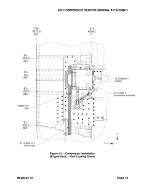 Page 19AIR CONDITIONER SERVICE MANUAL A119-206M-1 
Revision 12 Page 13 
 
 
 
 
 
Figure 4-3 – Compressor Installation 
(Engine Deck – View Looking Down) 
 
  
A119-3040-1 
Compressor Assembly 
3X ES36096-1 
Isolator 
ES35119-2 
Belt 
A119-3042-11-1 
Drive Pulley   