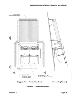 Page 24AIR CONDITIONER SERVICE MANUAL A119-206M-1 
Revision 12 Page 18 
 
 
 
  
 
 
  
 (Baggage Floor – View Looking Down) (View Looking Inboard) 
 
 
Figure 4-8 – Condenser Installation 
  
A119-7007-2 
Condenser Assembly 
2X A119-7008-1 
Condenser Blower 
(S-6501EC-3 alt.) 
A119-7006-1 (-2 alt.) 
Condenser Blower Assembly  