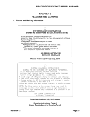 Page 29AIR CONDITIONER SERVICE MANUAL A119-206M-1 
Revision 12 Page 23 
 
CHAPTER 5 
PLACARDS AND MARKINGS 
1. Placard and Marking Information 
 
 
 
Placard Version up through July, 2013 
  
Placard version from July, 2013 onward 
 
Charging Instructions Placard 
(Upper Deck Adjacent to Charging Ports) 
2.5 1.13   