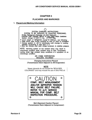 Page 36AIR CONDITIONER SERVICE MANUAL AS350-200M-1 
Revision 6 Page 28 
 
CHAPTER 5 
PLACARDS AND MARKINGS 
1. Placard and Marking Information 
 
 
Charging Instructions Placard 
(Transmission Deck Adjacent to Aft Evaporator) 
 
NOTE 
Newer placards do not include the “BOULDER, 
COLORADO” and may include the use of Ultra PAG oil. 
 
 
 
 
Belt Alignment Caution Placard 
(Transmission Deck Adjacent to Compressor) 
 
2.4 1.1  