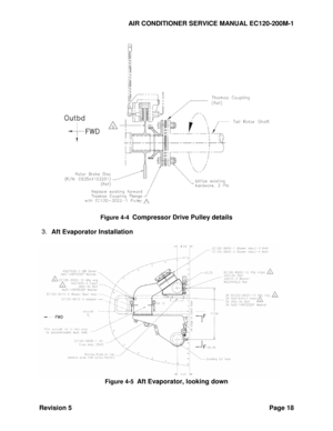 Page 28AIR CONDITIONER SERVICE MANUAL EC120-200M-1 
Revision 5 Page 18 
 
 
Figure 4-4  Compressor Drive Pulley details  
 
3. Aft Evaporator Installation  
 
 
Figure 4-5  Aft Evaporator, looking down  