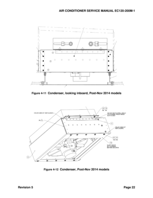Page 32AIR CONDITIONER SERVICE MANUAL EC120-200M-1 
Revision 5 Page 22 
 
  
  
 
Figure 4-11  Condenser, looking inboard, Post-Nov 2014 models 
 
 
 
  
 
Figure 4-12  Condenser, Post-Nov 2014 models 
 
 
 
  